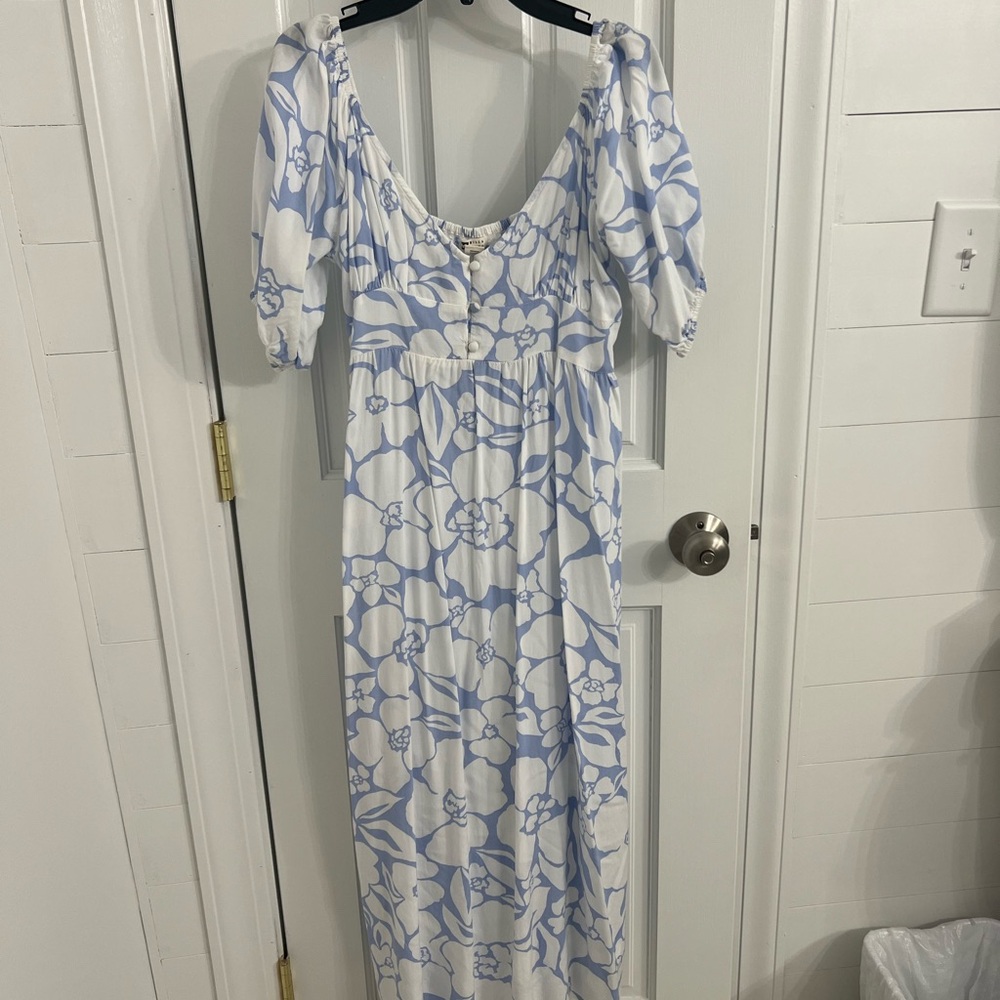 Billabong Blue and White Smocked Sundress with Puff Sleeves
